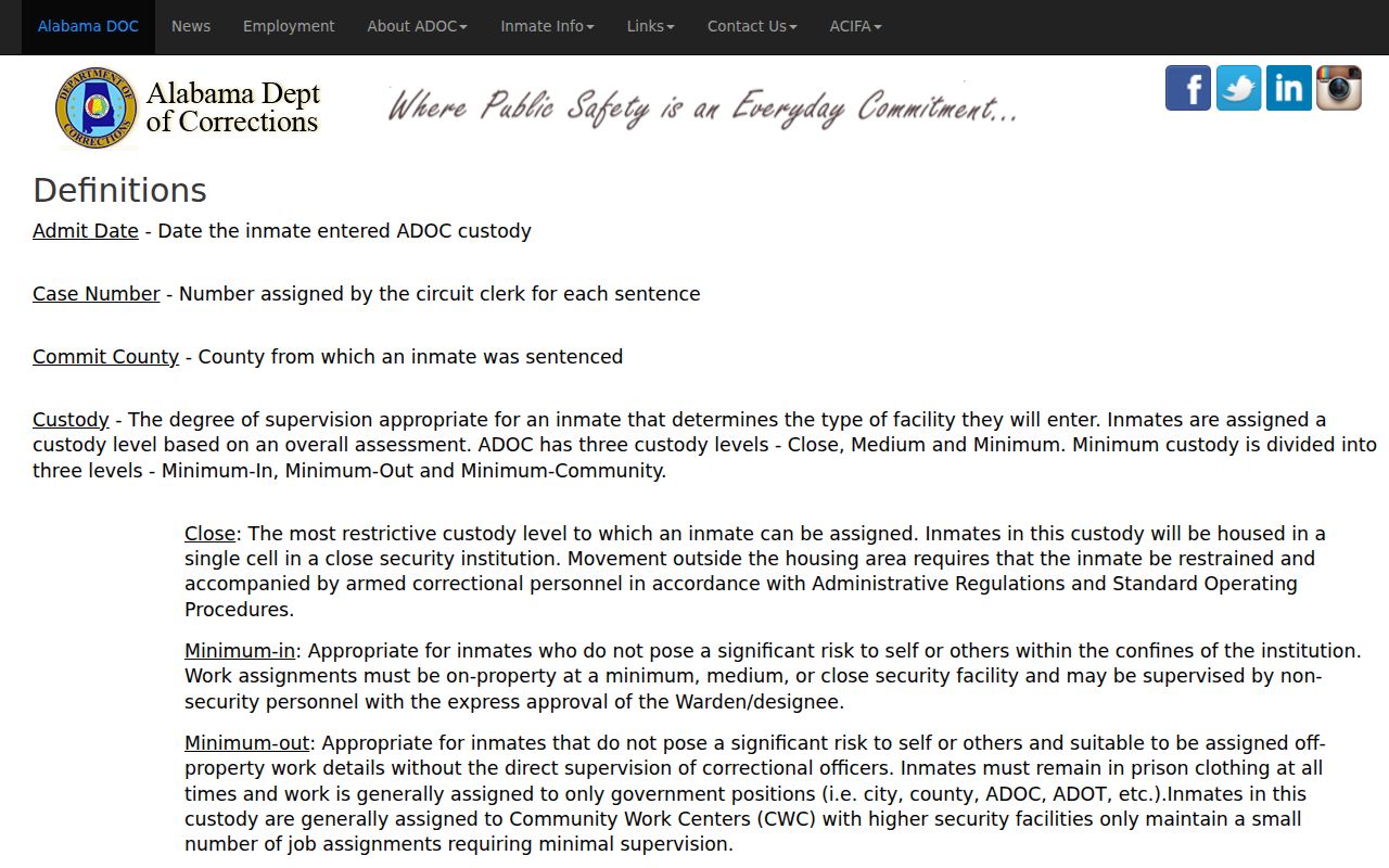Geneva County arrest history ADOC custody and sentence field definitions