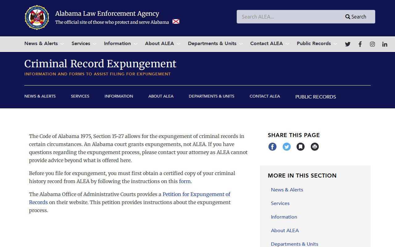 Geneva County criminal record expungement information on the ALEA hub